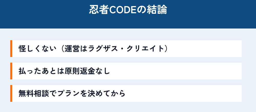 忍者CODEの結論。怪しくない（運営はラグザス・クリエイト）。払ったあとは原則返金なし。無料相談でプランを決めてから