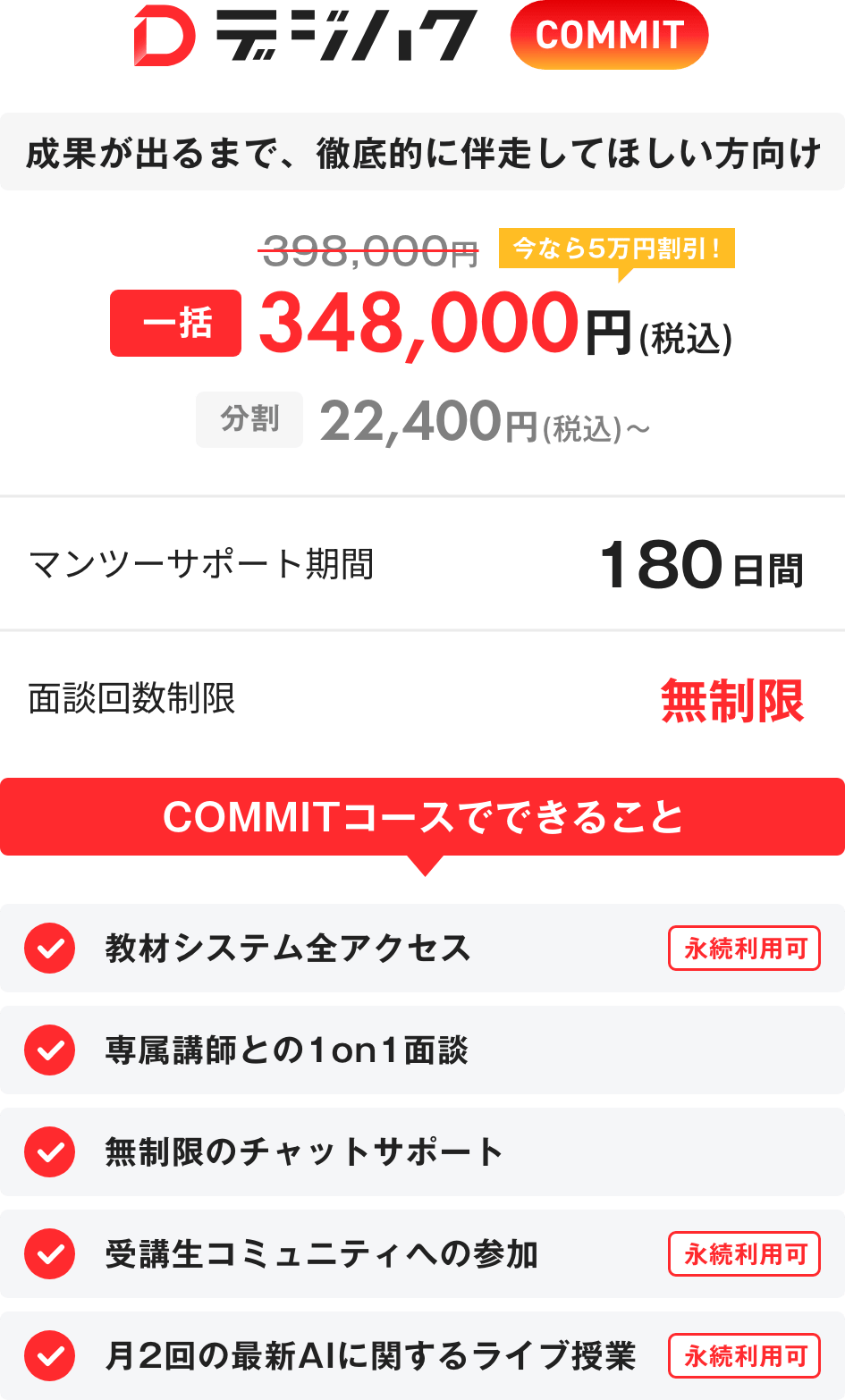 デジハク生成AI COMMITプランの公式料金表示。398,000円から5万円割引で一括348,000円(税込)、分割22,400円(税込)〜、マンツーマンサポート期間180日間、面談回数無制限。